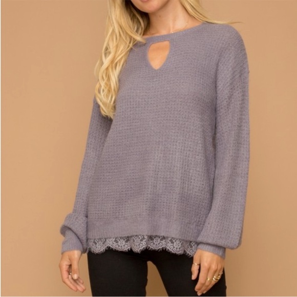 NWT Hem & Thread Waffle Knit Sweater Lace Trim Bottom Beautiful Lilac Color - Picture 5 of 16